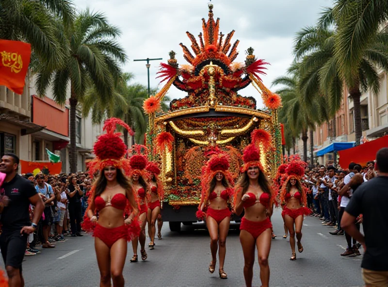 A vibrant Carnival parade scene, with dancers in elaborate feathered costumes and a massive, ornate float.