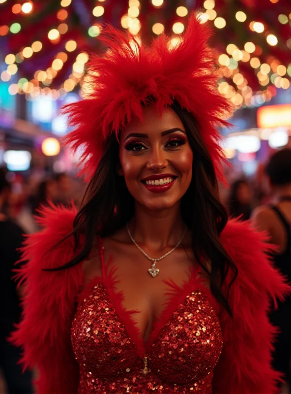 Luciana Giménez smiling and posing in a vibrant, festive outfit at a Carnival celebration.