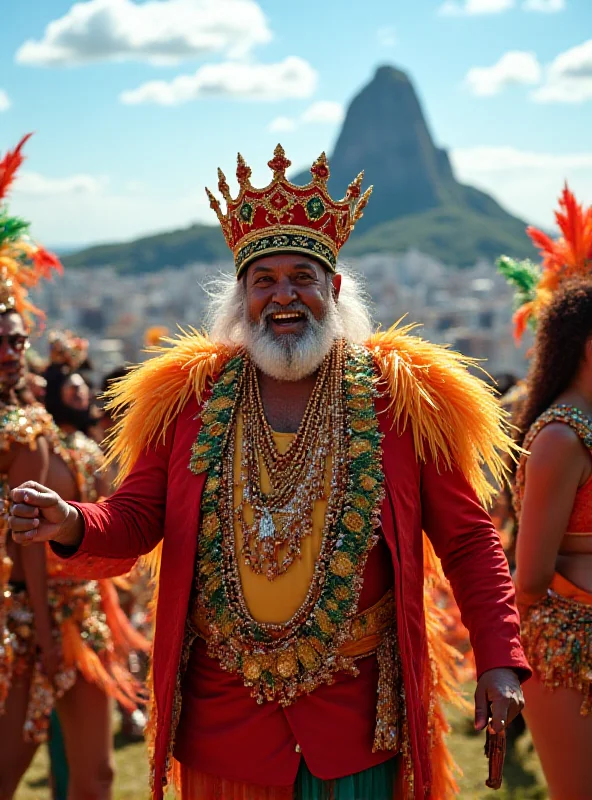 King Momo, a large and jovial man, receives the key to Rio de Janeiro from the city's mayor, surrounded by dancers in colorful carnival costumes.