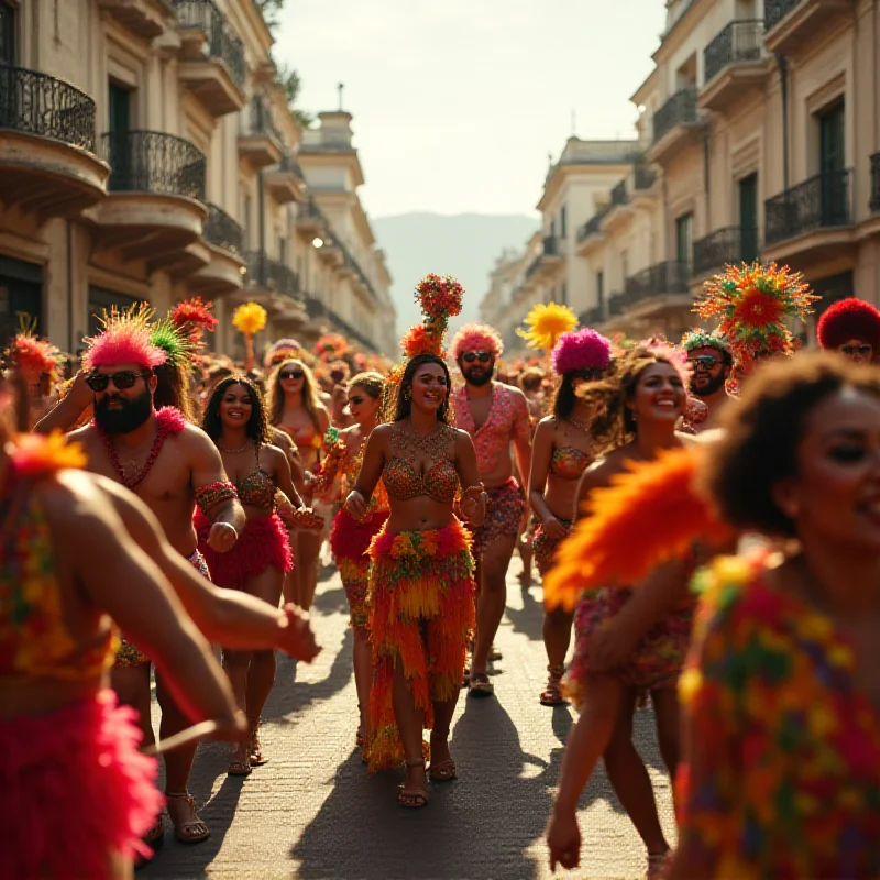 A crowded street in Rio de Janeiro during Carnival, filled with people in vibrant costumes, dancing and celebrating, with colorful floats and decorations visible in the background.