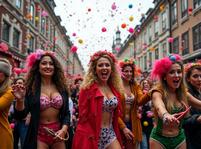 A vibrant scene from a Weiberfastnacht celebration in Cologne, Germany, with women dressed in colorful costumes playfully taking control of the festivities.