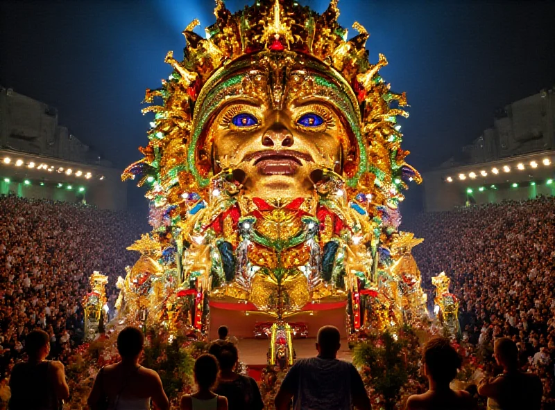 A breathtaking view of a samba school parade in Rio de Janeiro, Brazil, showcasing elaborate floats, vibrant costumes, and energetic dancers.