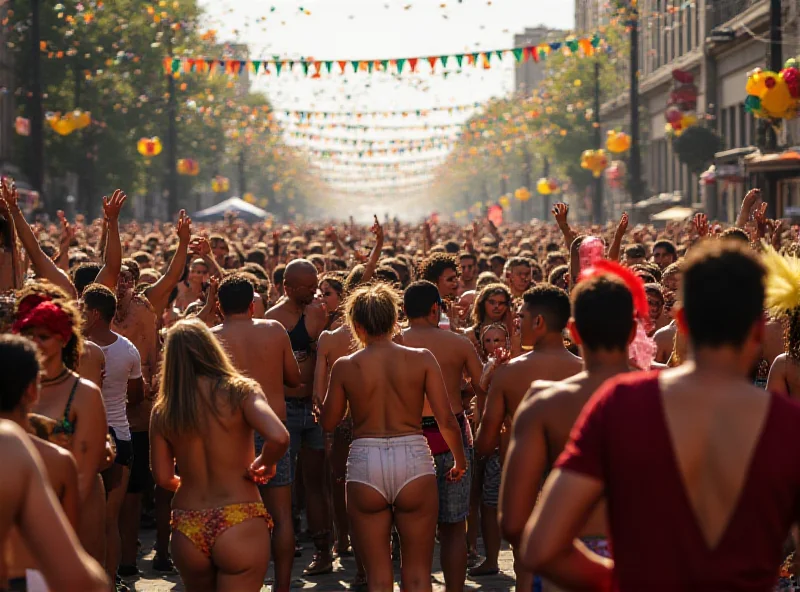 A large crowd of people celebrating during a street carnival in São Paulo, Brazil. Many are wearing costumes and dancing to the music.