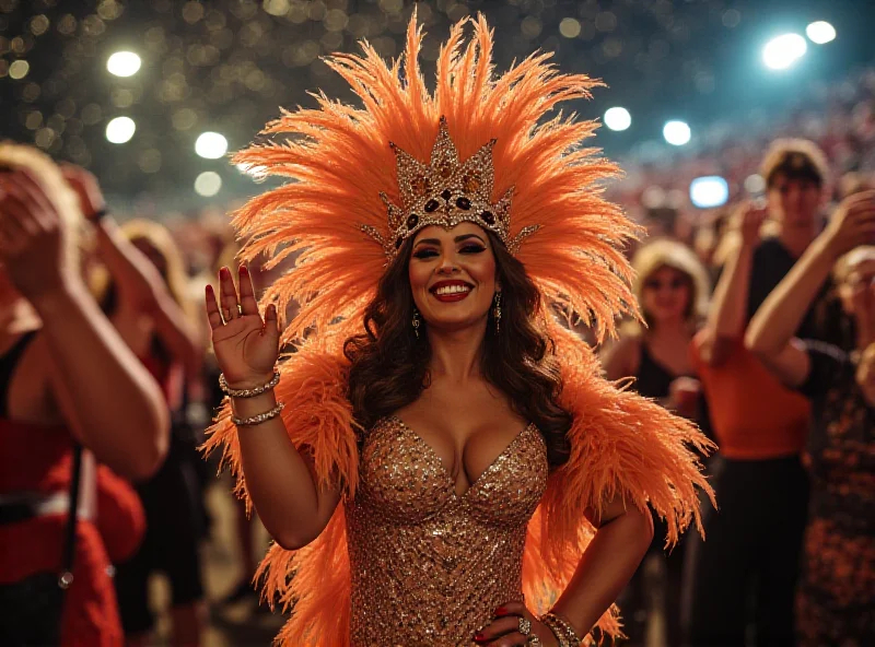 Paolla Oliveira in a dazzling Carnival costume, smiling and waving to the crowd.