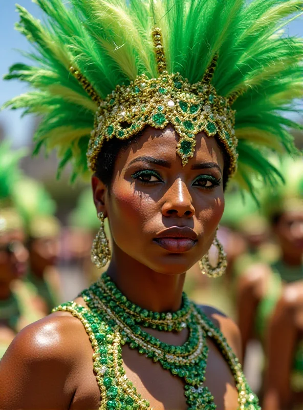 Close-up of a performer in vibrant green and gold costume, representing nature, sweating under the hot sun during a samba parade.