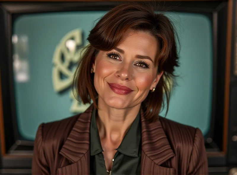 Deborah Bloch smiling mischievously, standing in front of a vintage television screen displaying the Vale Tudo logo.