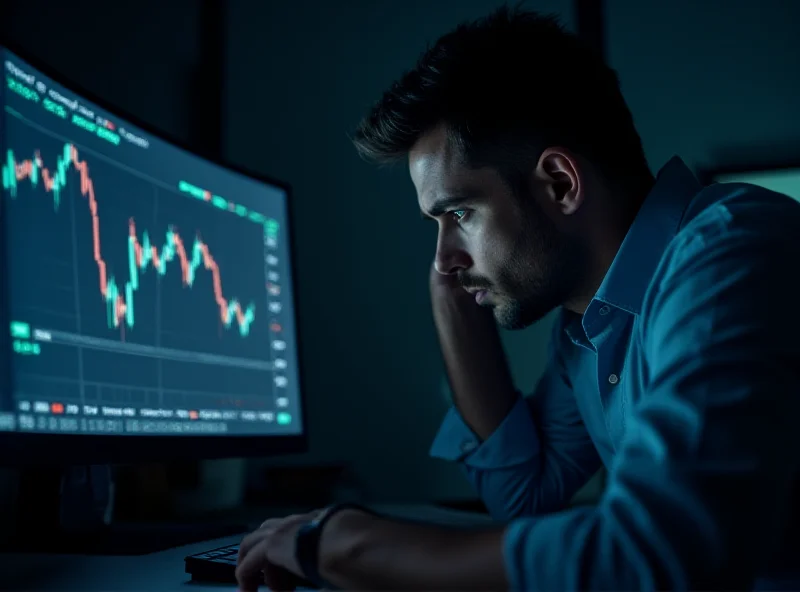 A worried looking person staring at financial charts on a computer screen.