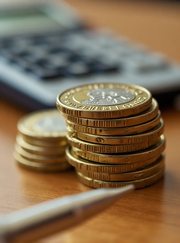 Close up of stacked coins with a calculator and pen in the background, representing savings and financial calculations.