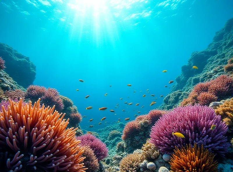 Underwater view of colorful corals and sponges on a vibrant reef.