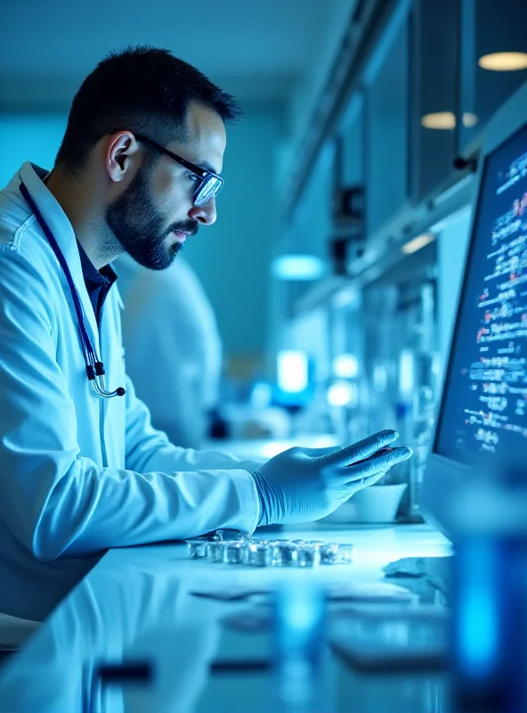 A doctor studying a DNA sequence on a computer screen in a modern laboratory. There are test tubes and scientific equipment in the background.