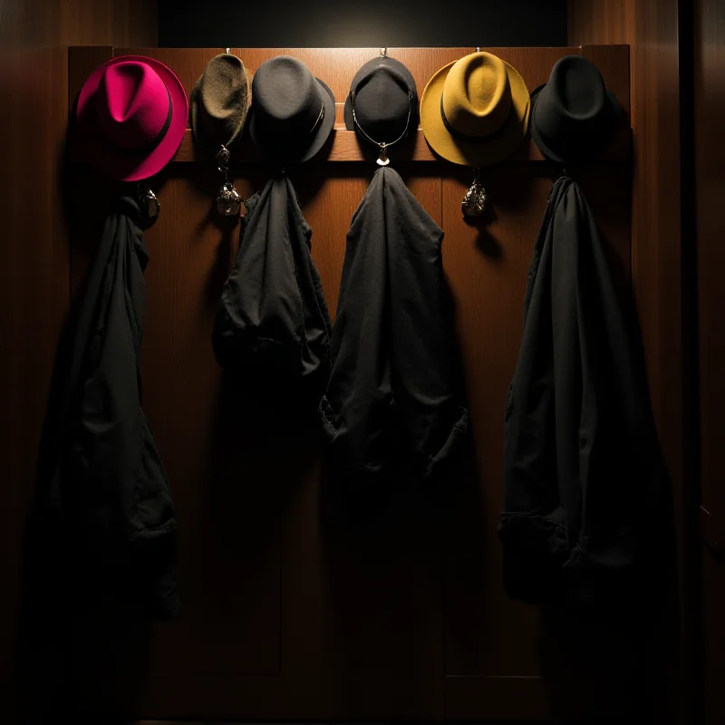Six colorful hats of different styles arranged randomly on a wooden coat rack in a dimly lit room, suggesting a chaotic or humorous scenario.