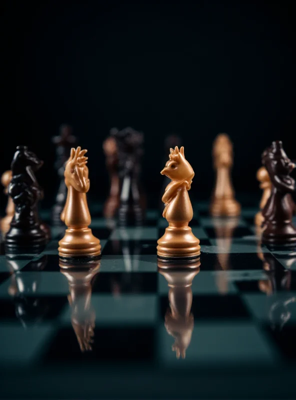 A dramatic chess game with pieces representing different political factions, symbolizing a power struggle.