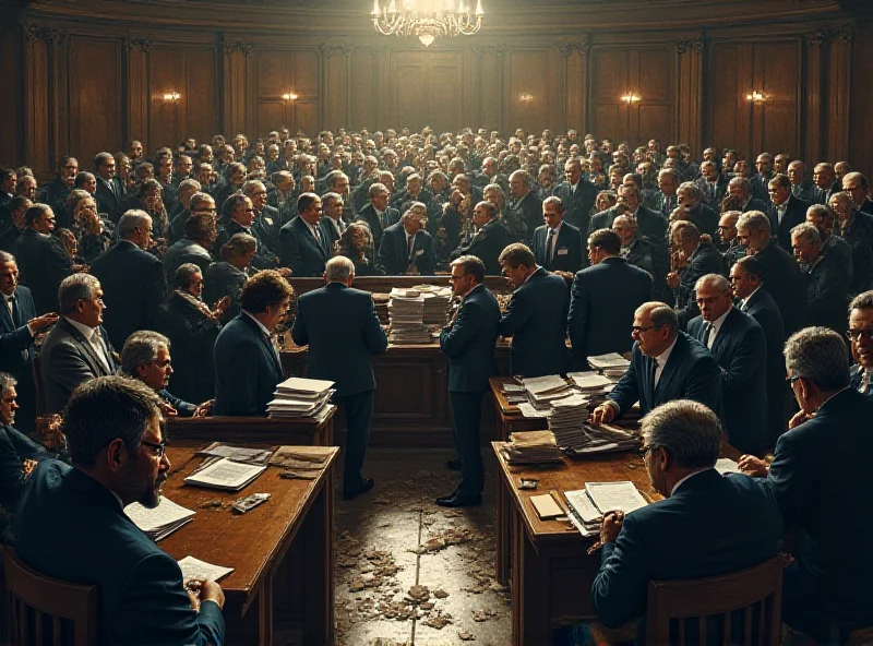 Illustration of a crowded courtroom with overflowing files.