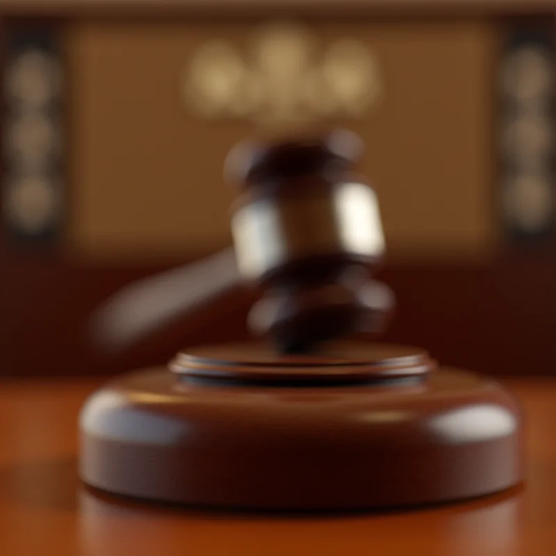 Close-up of a gavel hitting a sound block in a courtroom setting.