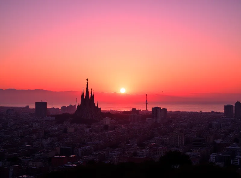 Barcelona cityscape at sunset.
