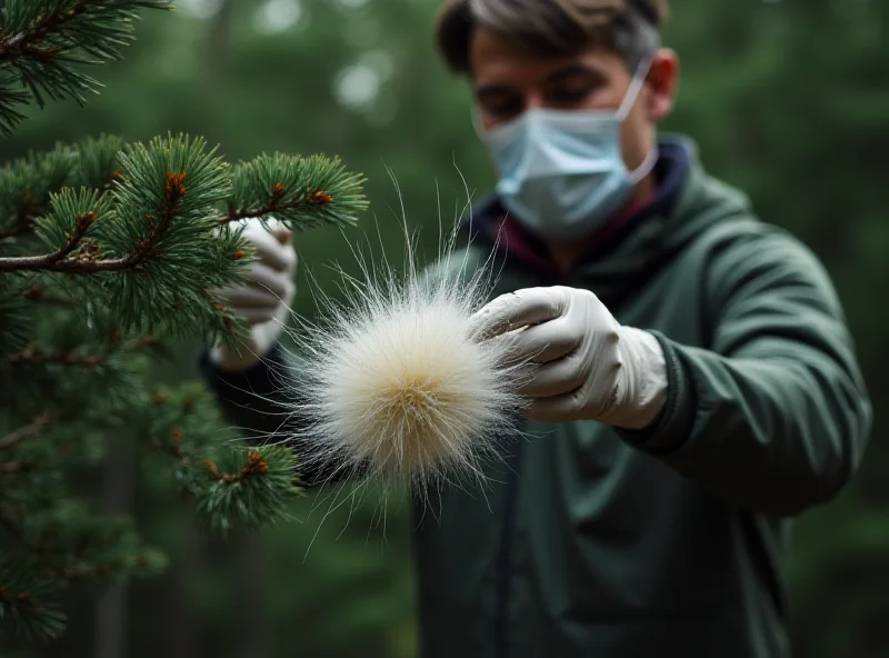 A person wearing gloves and protective clothing carefully removing a processionary caterpillar nest from a pine tree.