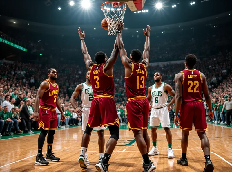 Cavaliers players celebrating a basket during a game against the Celtics.