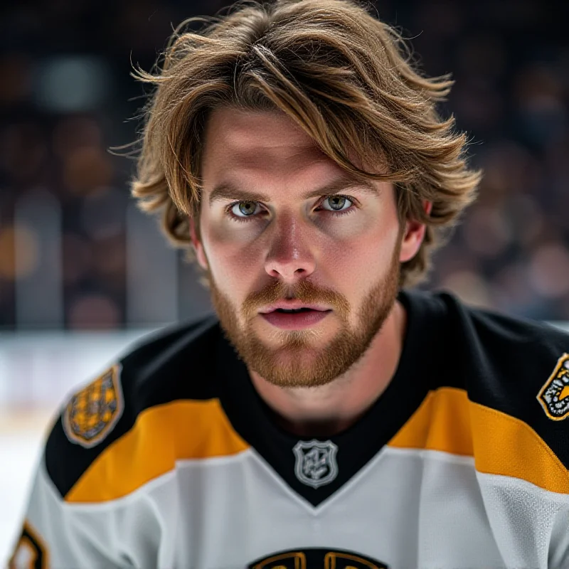 Close-up of David Pastrnak's face showing determination and focus.