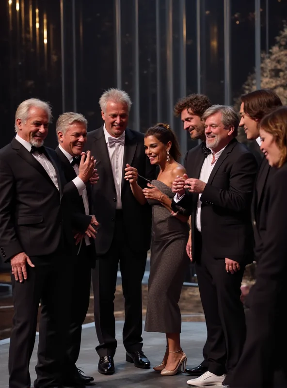 A group of hosts from the César Awards 2025, smiling and interacting with each other on stage.