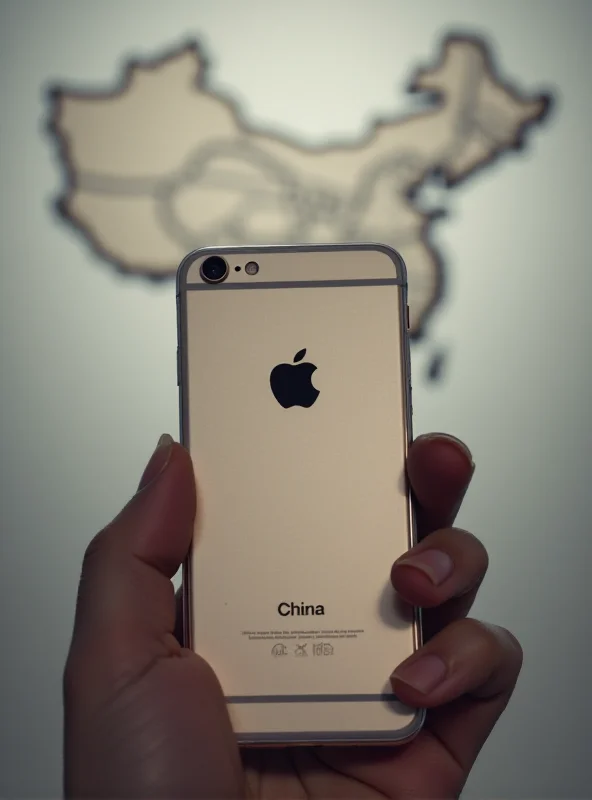 Close-up shot of a hand holding an iPhone with a map of China in the background, symbolizing the impact of tariffs on Apple's products.