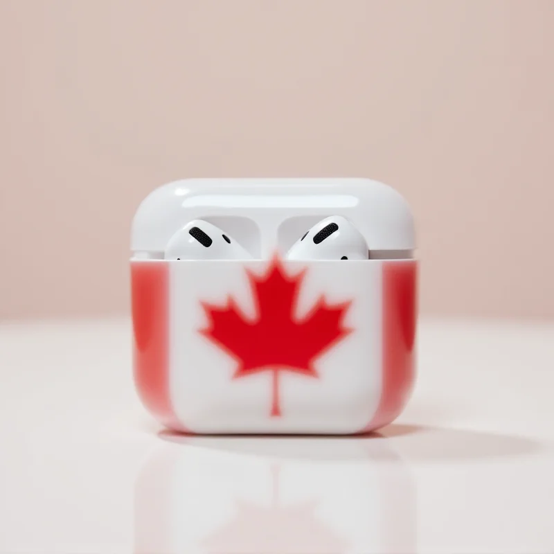 Close-up studio shot of AirPods Pro with the Canadian flag subtly visible in the background, representing the lower price point in Canada.