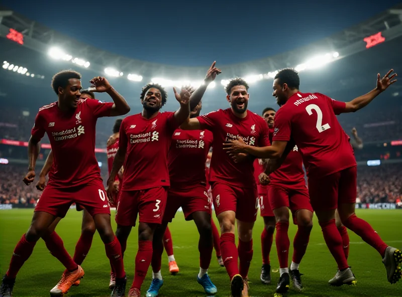 Liverpool players celebrating a goal in a Champions League match against PSG.