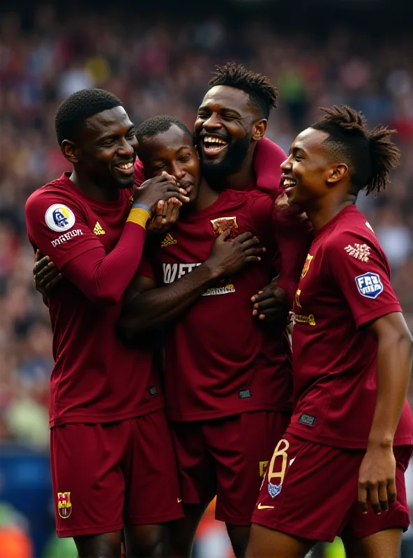 Barcelona players celebrating Raphinha's goal against Benfica.