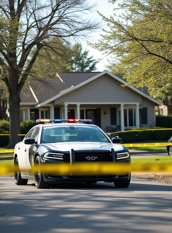 A police car parked on a residential street. Yellow tape surrounds a house in the background.