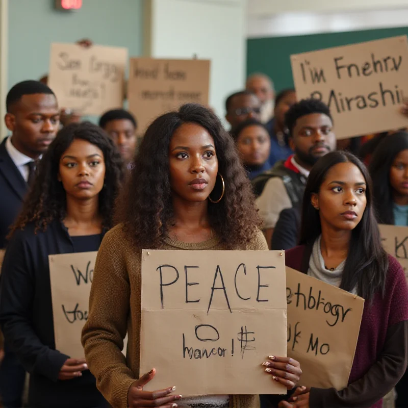 A group of people gathered at a community meeting, some holding signs advocating for peace and safety in the neighborhood.