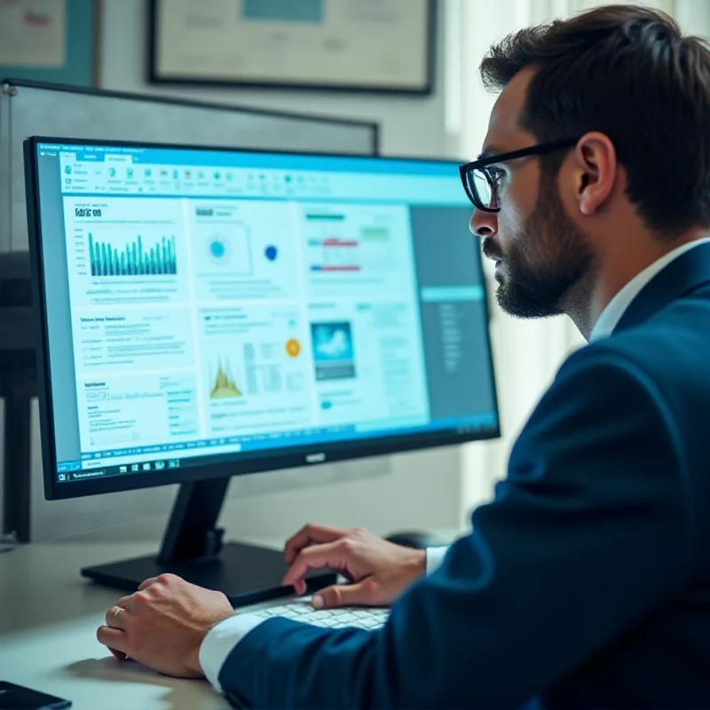 A person looking intently at a screen displaying a detailed report generated by ChatGPT's Deep Research feature, with graphs, charts, and concise summaries of complex data.