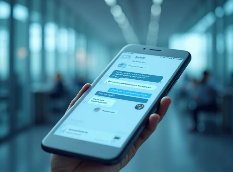 A close-up of a smartphone displaying a conversation with a voice assistant. The UI is clean and modern, with a speech bubble interface. The background is blurred, suggesting an office environment.