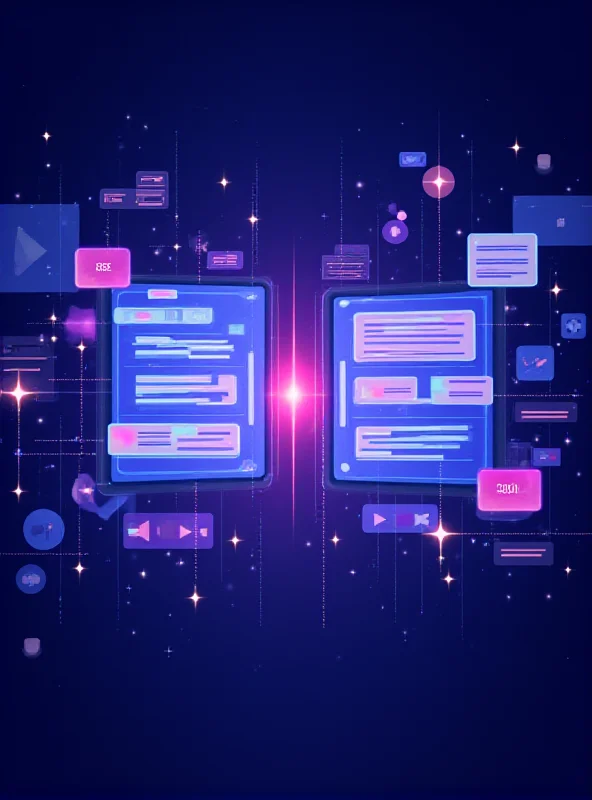 A digital illustration depicting two AI interfaces merging. One side represents ChatGPT, symbolized by a text input box and chat bubbles. The other side represents Sora, with imagery of video reels and play buttons. The two interfaces are connected by glowing lines, illustrating the integration.