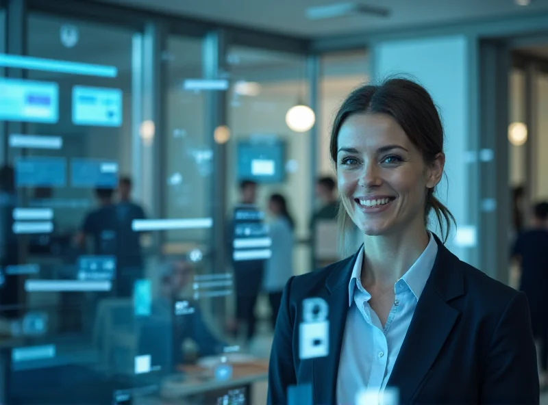 A person smiling while looking at a screen displaying the ChatGPT interface. The background is a brightly lit, modern workspace with other people working collaboratively.