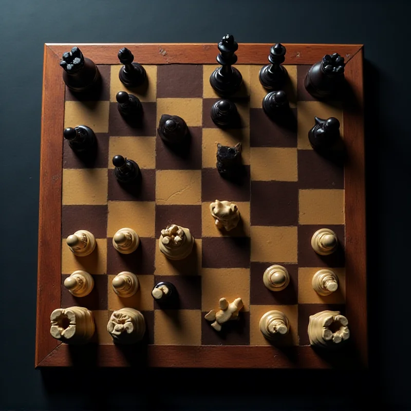 A chess board set up with pieces in the middle of a game.