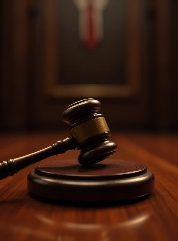 A gavel striking a sound block in a courtroom setting.