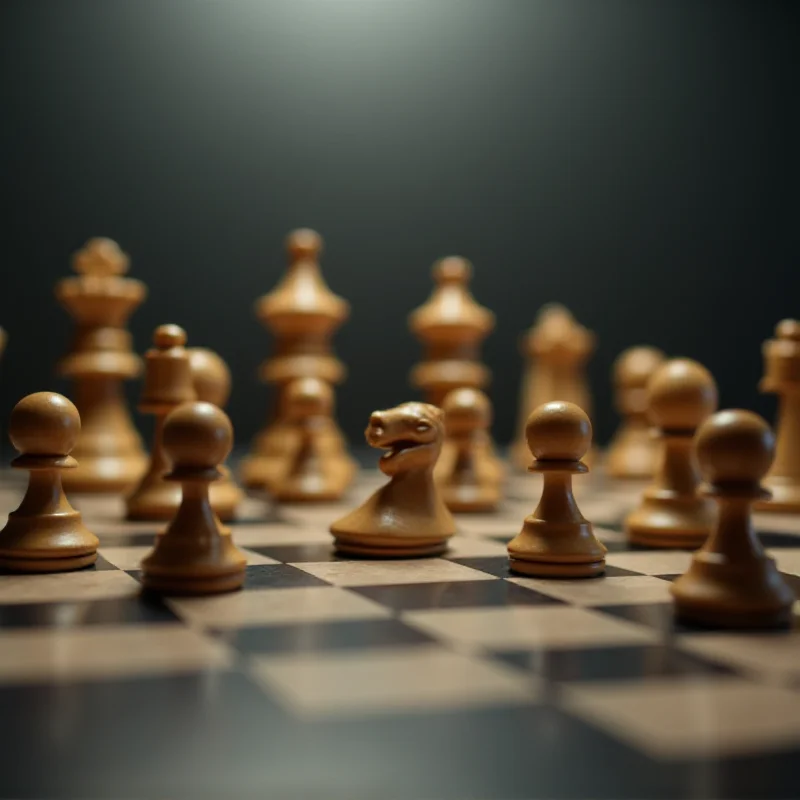 A chessboard with pieces set up for a game, with blurred background.