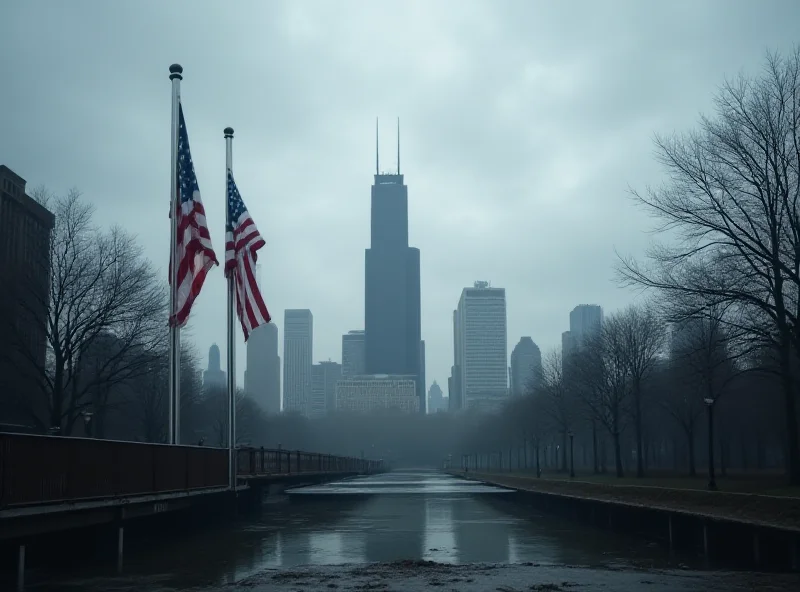 A somber scene depicting the Chicago skyline with American flags at half-mast.
