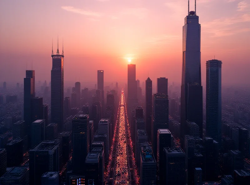 Aerial view of a modern Chinese city skyline at dusk, with skyscrapers and busy streets.