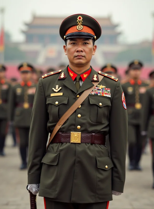 A Chinese soldier in uniform standing at attention during a military parade.