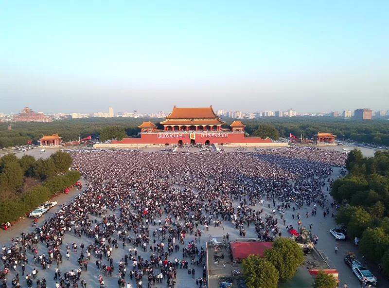 Aerial view of Tiananmen Square in Beijing, China, during a large political gathering, symbolizing government and national events.