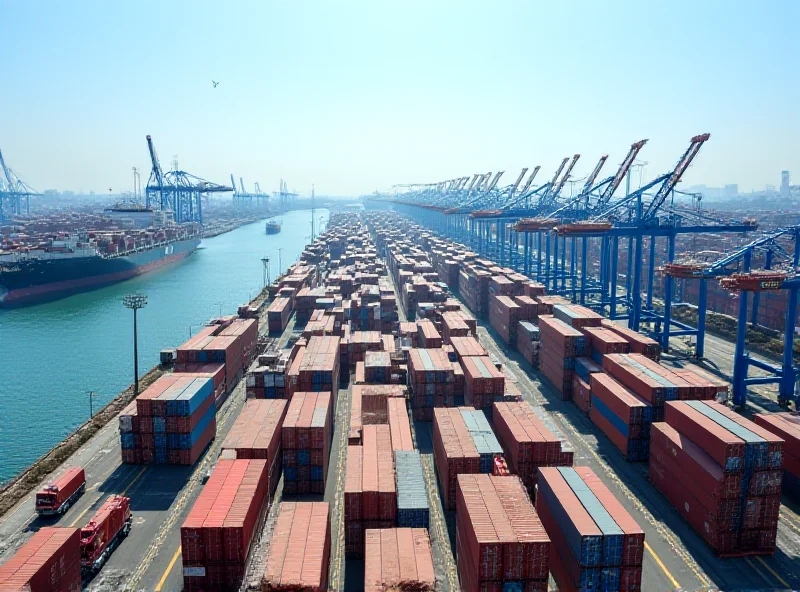 Aerial view of a busy shipping port in China, with numerous cargo ships and containers, symbolizing international trade and economic activity.
