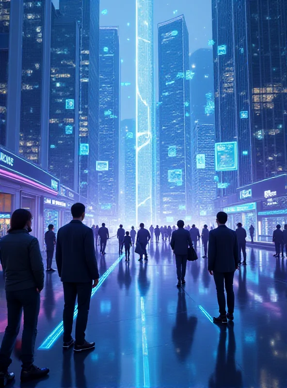 A futuristic cityscape with holographic displays showcasing AI technology and robots working alongside humans, representing the integration of AI in the workplace and its potential impact on jobs.