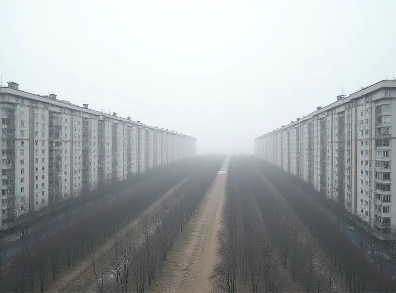 A line of identical apartment blocks receding into the distance, representing mass housing and urban development.