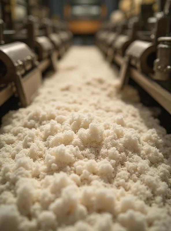 A close-up of a bale of cotton being processed in a textile mill, symbolizing the impact of tariffs on the cotton industry.
