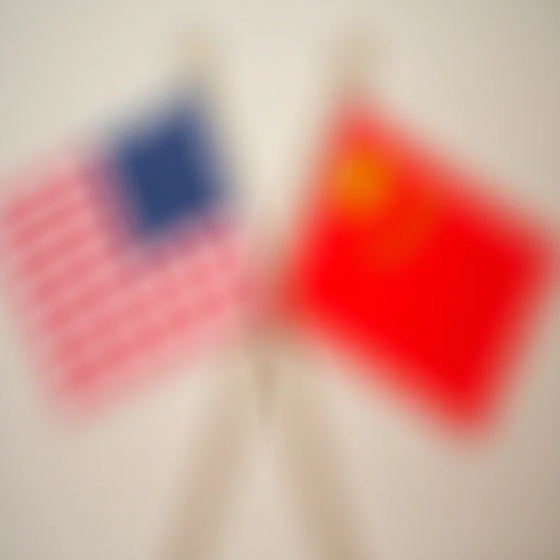 Two flags, one American and one Chinese, slightly blurred in the background with a scale in the foreground, representing the balance of trade and the ongoing trade war.