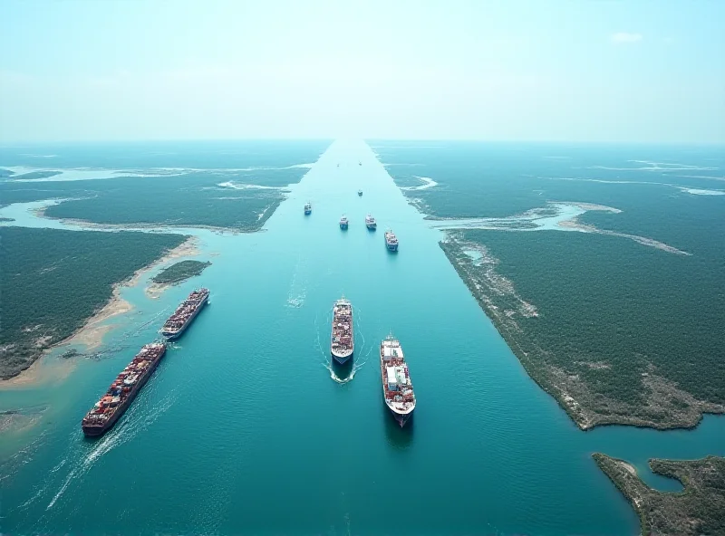 Image of the Panama Canal with cargo ships passing through, showcasing international trade and maritime traffic.