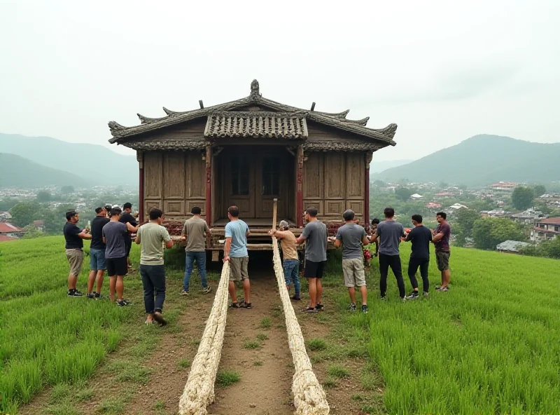 Villagers moving a wooden house with ropes and beams in a rural Chinese setting.