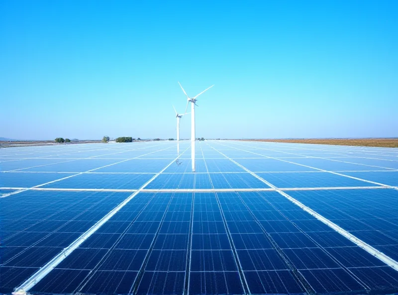 A vast solar farm in China, with wind turbines in the background, under a clear blue sky.