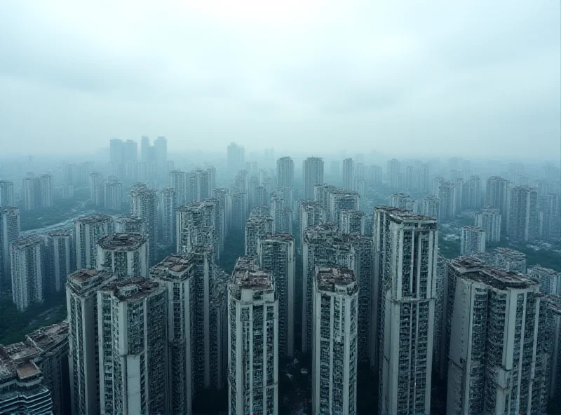 Aerial view of a dense urban area in China, showcasing numerous high-rise residential buildings under a cloudy sky, symbolizing the challenges and complexities of the Chinese property market.