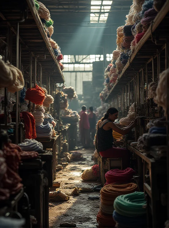 A bustling textile factory in Indonesia, with workers operating machinery amidst stacks of fabrics, illustrating the challenges faced by the Indonesian textile industry due to Chinese imports and potential US tariffs.